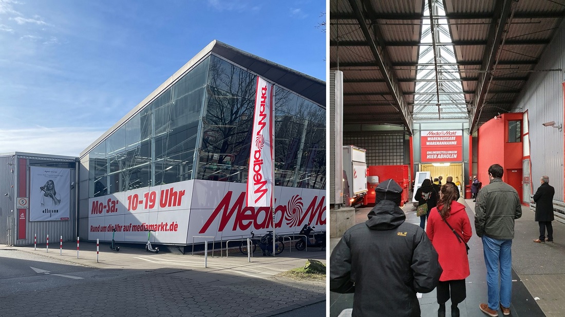 Hamburg, Car & Driver nach der Umnutzung zum MediaMarkt (Bilder: links: Jörg Stiehler, 2023; rechts: Kaddy K., via foursquare, 2020)