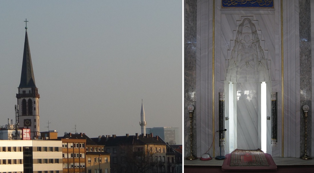 Mannheim, Yavuz-Sultan-Selim-Moschee, Minarett in der Stadtsilhouette neben der Liebfrauenkirche und Gebetsnische (Bilder: links: Immanuel Giel, CC BY SA 3.0, 2011; rechts: Hubert Berberich, CC BY SA 2.5, 2006)