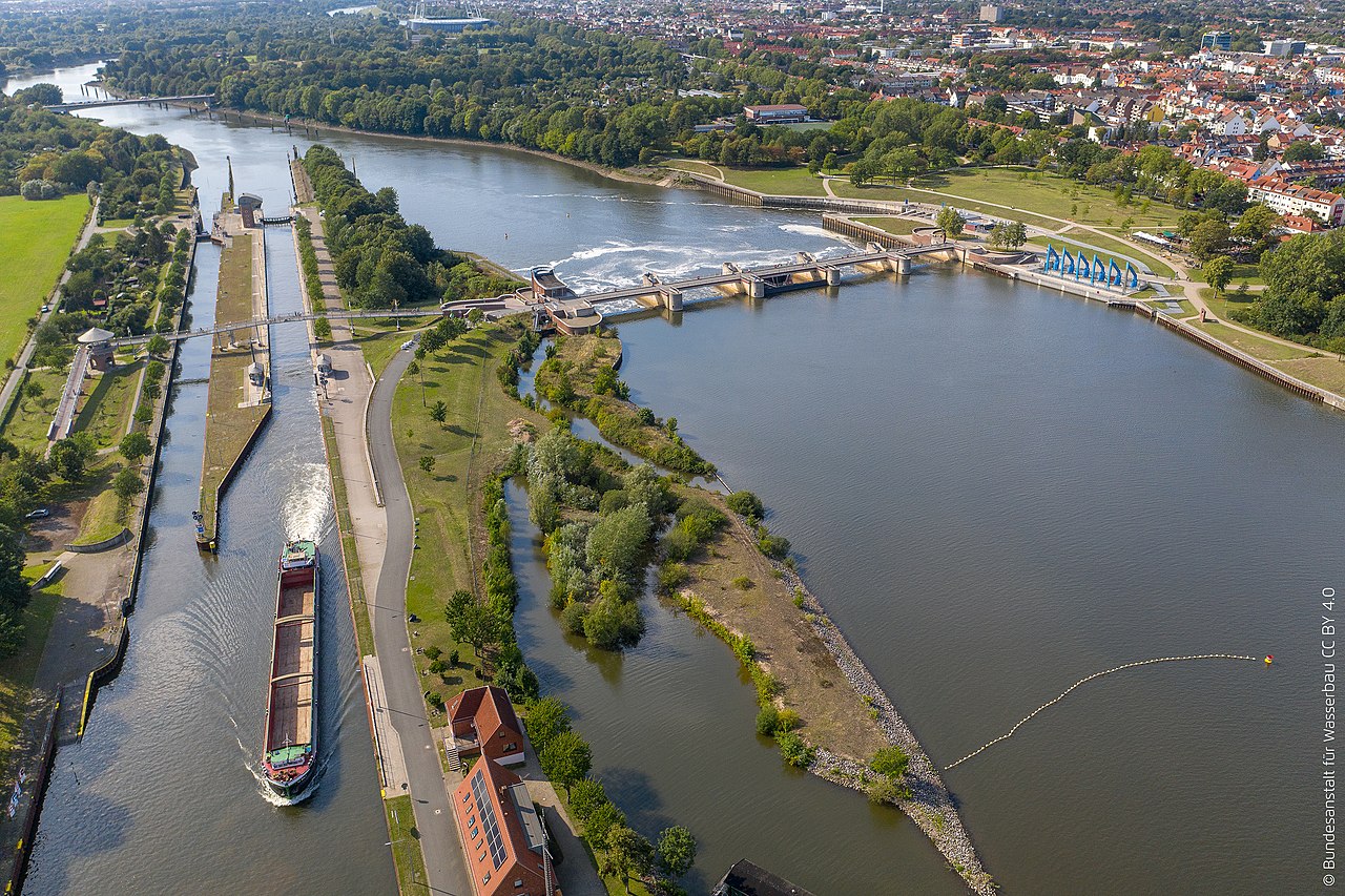Bremen, Weserwehr (Mitte) und Weserschleuse (links) nach Fertigstellung des Wasserkraftwerks (rechts) (Bild: Bundesanstalt für Wasserbau, CC BY 2.0, 2019)