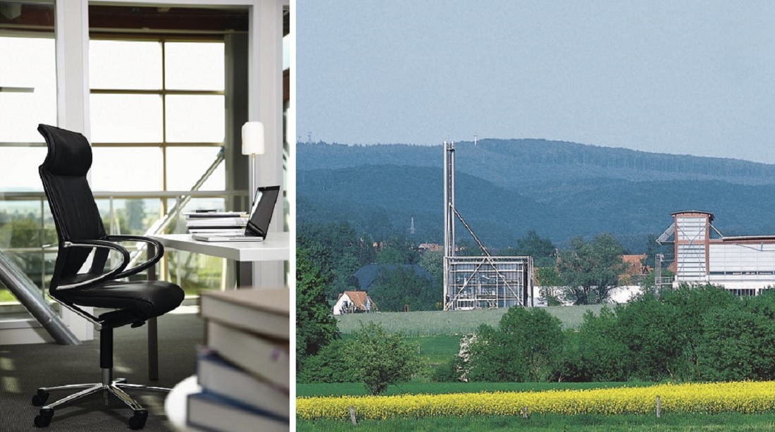 Bad Münder, Produktionshallen, links: Blick ins Innere; rechts: Energiezentrale von Westen (Bilder: Wilkhahn, 2009/10)