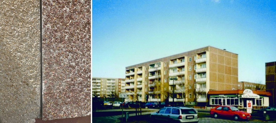 Leinefelde-Worbis, links: Plattenbaudetail der Südstadt (Bild: Manni5, CC BY SA 4.0, 2023); rechts: Lessingstraße 10-32 vor der Umgestaltung (Bild: leinefelde-worbis.de)