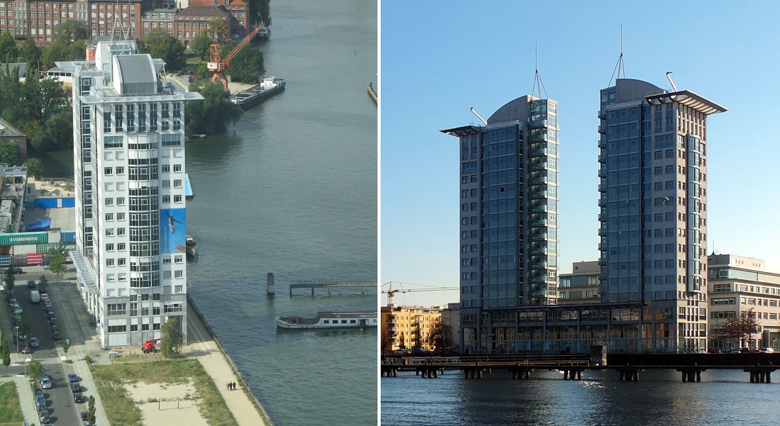 Berlin, Twin Towers (Bilder: links: Turelio, CC BY SA 2.5, 2006; rechts: Axel Mauruszat, CC BY SA 3.0, 2013)