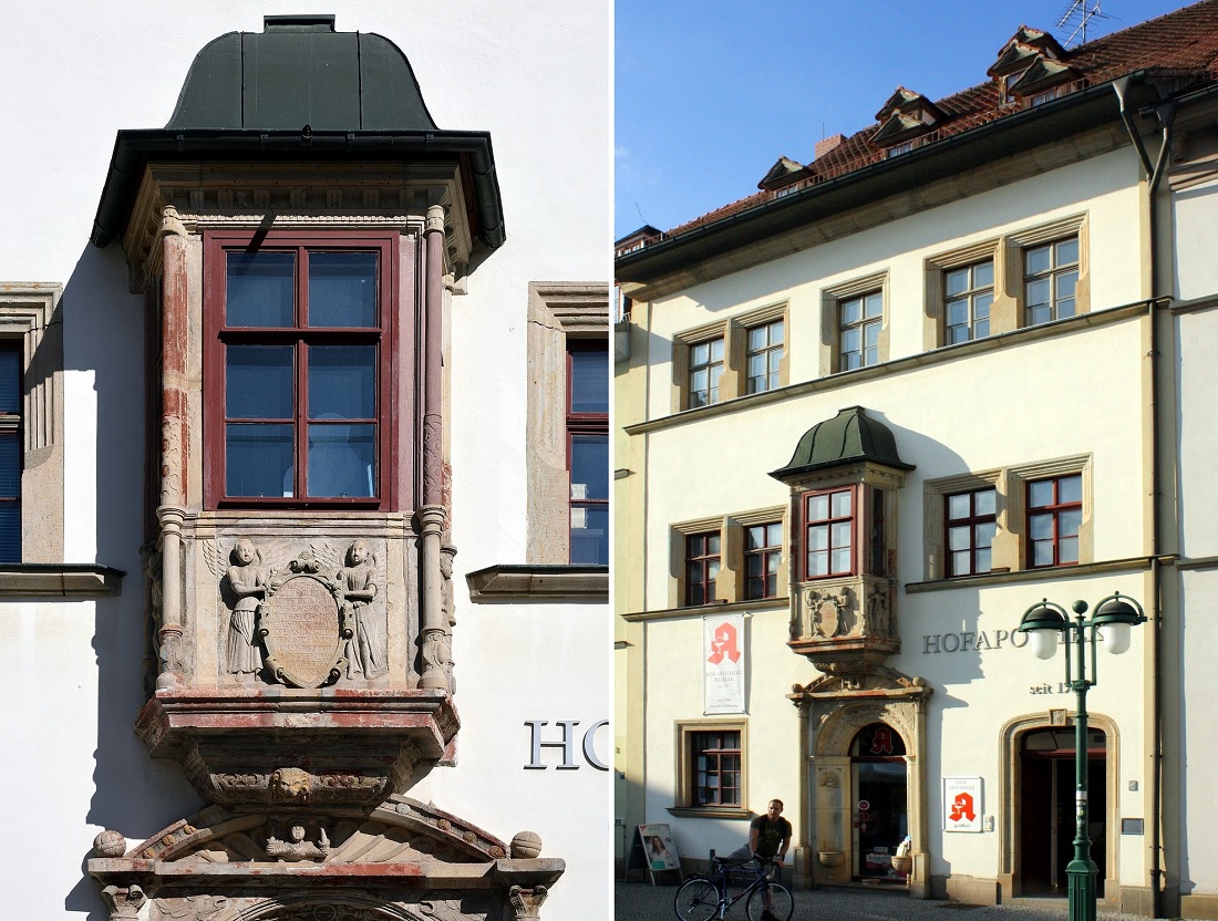 Weimar, Markt 5, Hofapotheke (Bilder: links: Nightflyer, CC BY SA 4.0, 2019; rechts: Lucas Friese, CC BY SA 3.0, 2014)