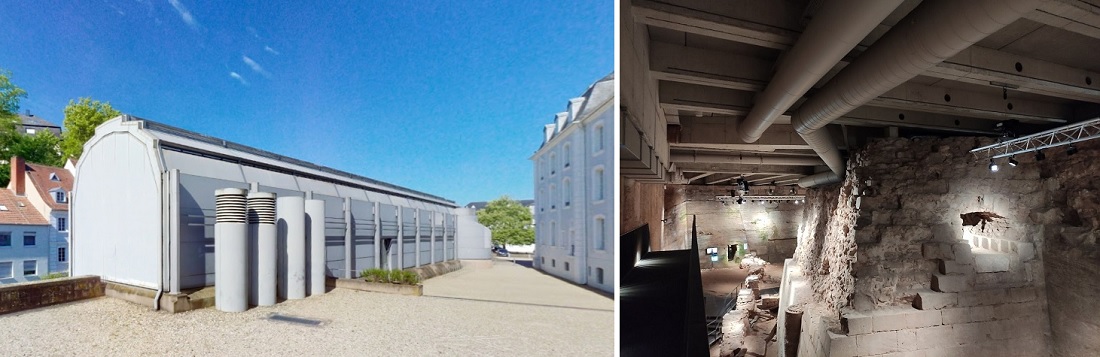Saarbrücken, Historisches Museum, Illumination der Halle zum Thema Kandinsky (links) und Abgang ins Untergeschoss (Bilder: links: google-Streetview, 2022; rechts: Swamajit Chatterjee, via google-Maps, 2022)