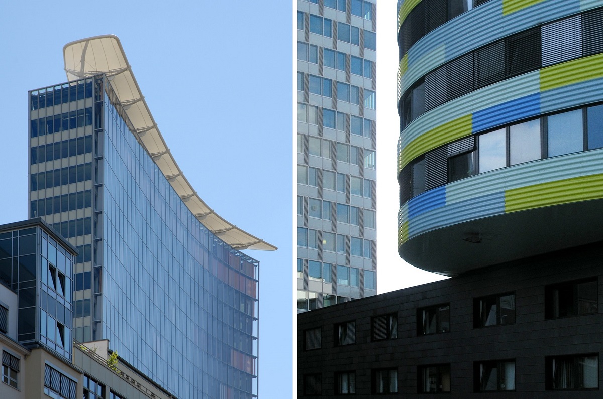 Berlin, GSW-Hochhaus (Bilder: links: Jean-Pierre Dalbera, CC BY 2.0, 2008; rechts: seier + seier, CC BY 2.0, 2006)