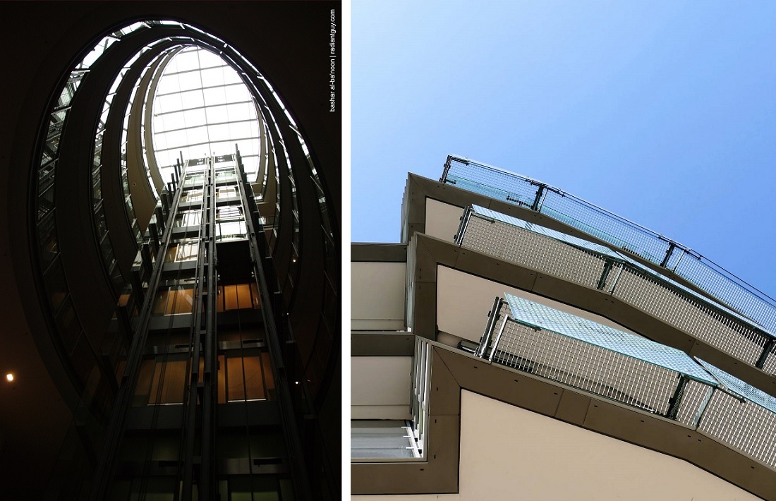 Hannover, INI, die beiden gläsernen Panoramaaufzüge im Gebäudeinneren (links) und Fassadendetail (rechts) (Bilder: links: radiant guy, CC BY NC SA 2.0, via flickr, 2009; rechst: Ulf Ostländer, 2018)