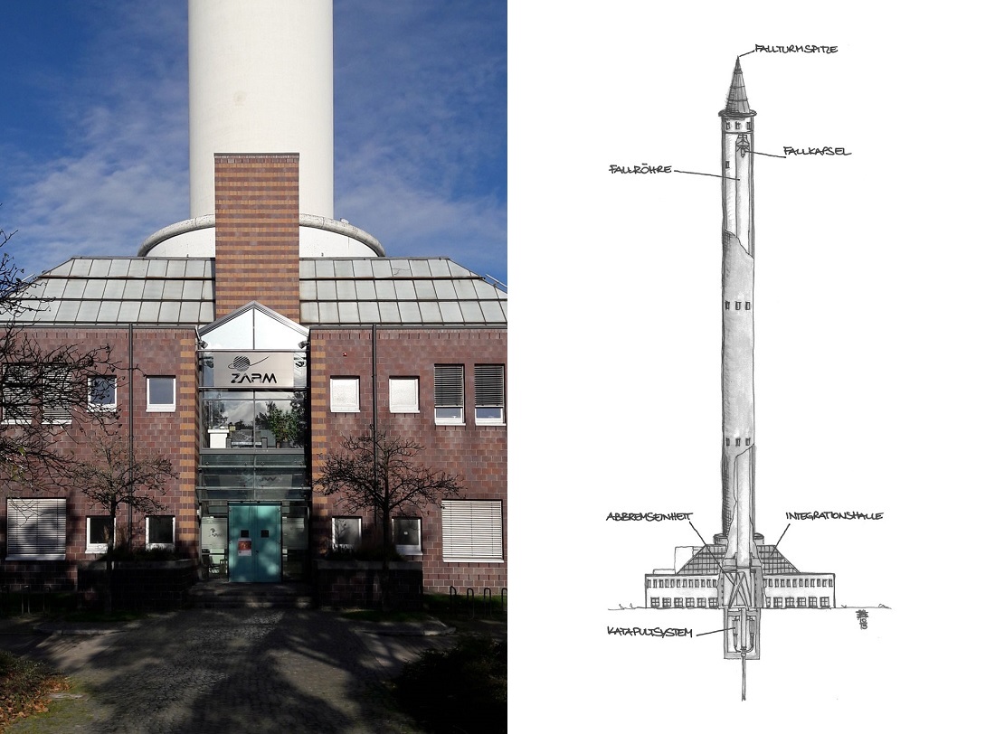 Bremen, Fallturm (Bilder: links: Lorena Pethig, 2023; rechts: Schemazeichnung)